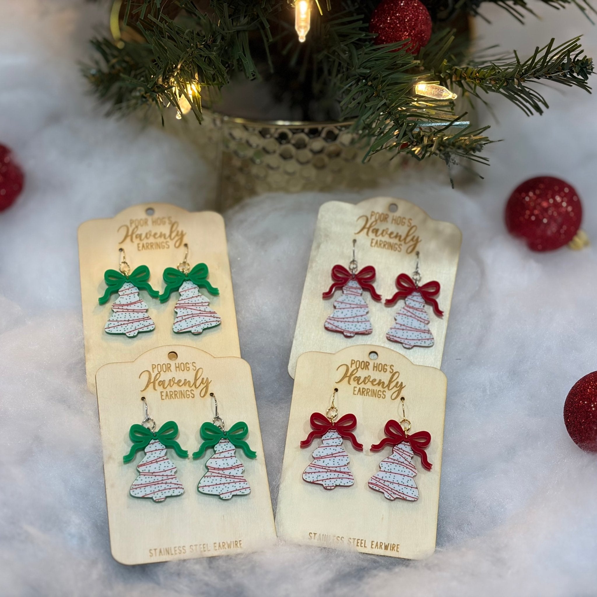 Christmas Tree Cake Earrings: Handmade Holiday Jewelry by Poor Hog's Havenly Earrings, Red & Green Bows, Festive Christmas Accessories