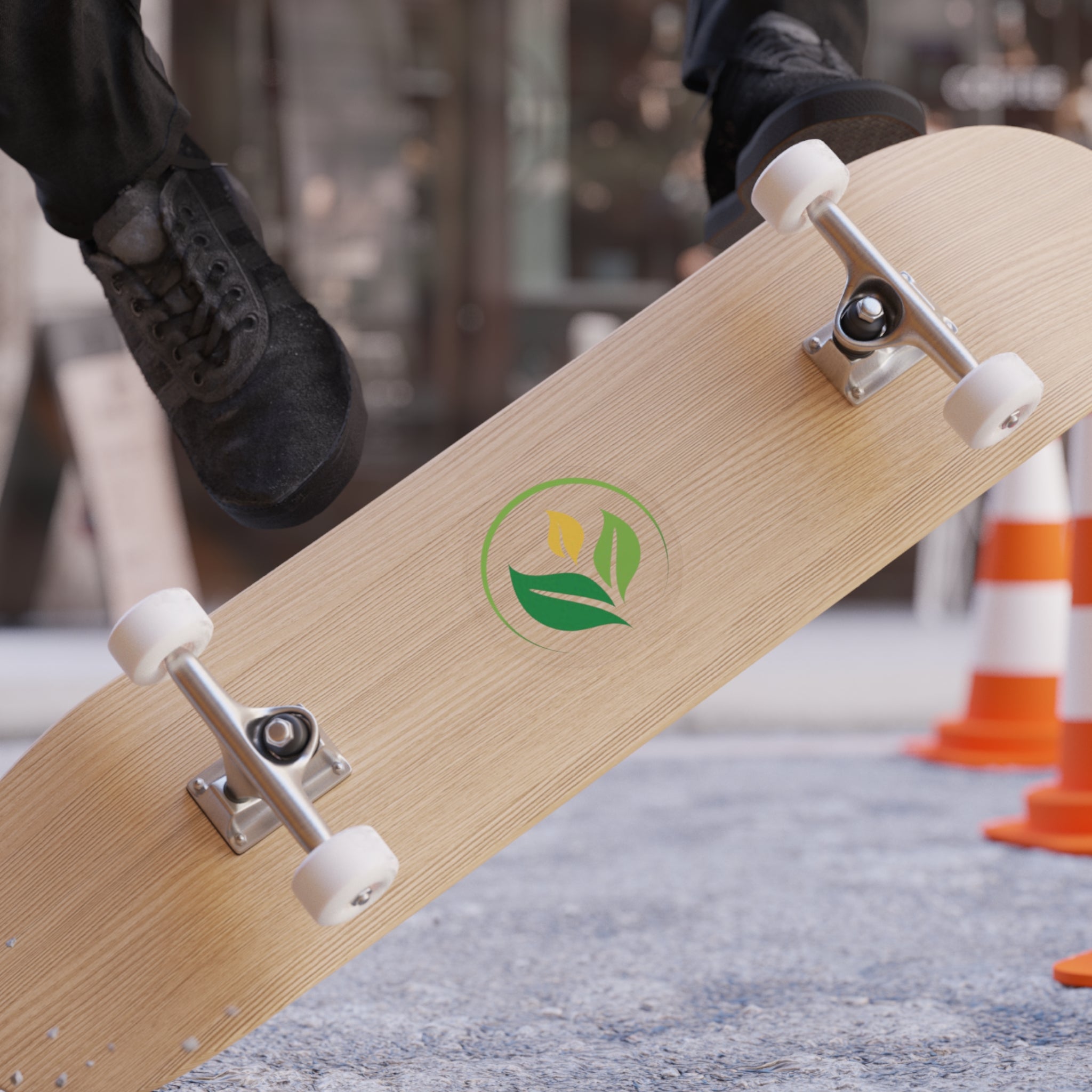 Custom Transparent Outdoor Sticker on Skateboard: Leaf Logo Graphic for Main Street Collective