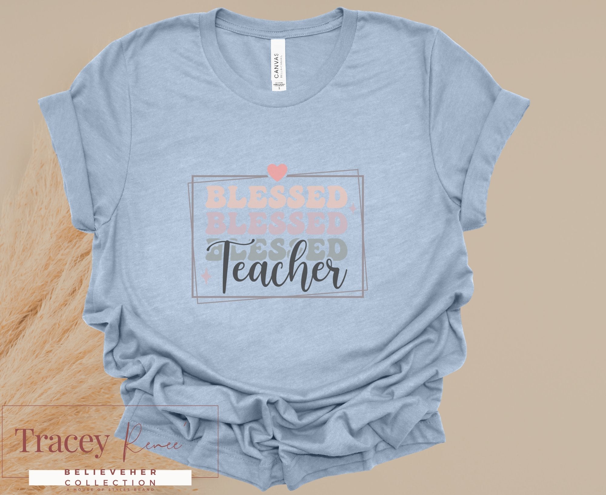 Blessed Teacher T-Shirt: Light blue tee featuring a "Blessed Teacher" design. Teacher appreciation gift idea from Main Street Collective