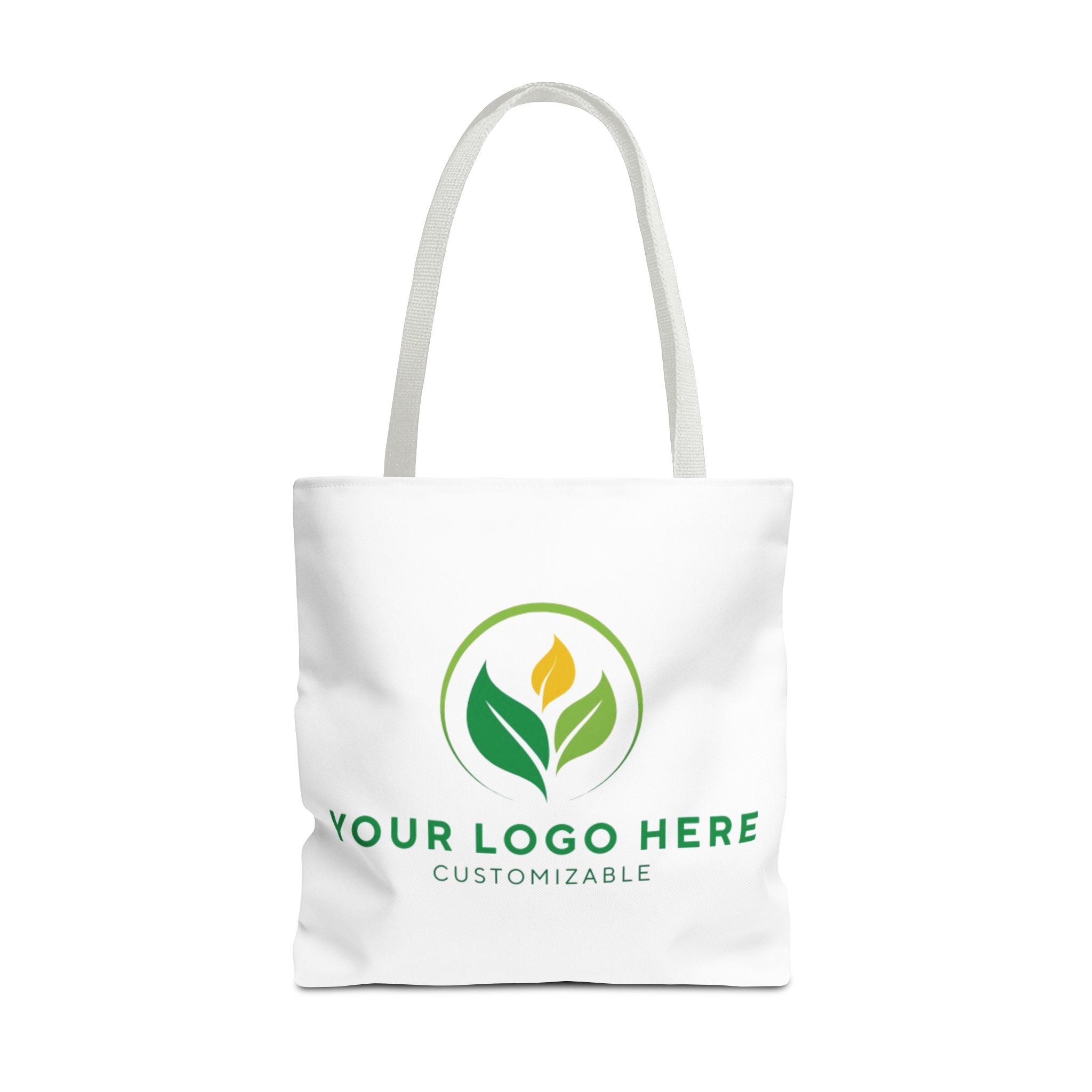 Customizable tote bag mockup. Design your own bag! White tote with green logo & text. Personalized gift, custom merch, business branding