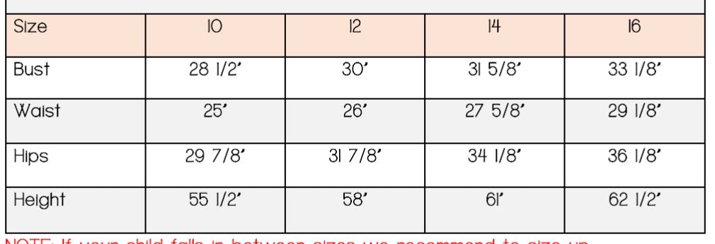 Girls Size Chart: 10, 12, 14, 16. Measurements: Bust, Waist, Hips, Height. Children's Clothing Sizing Guide