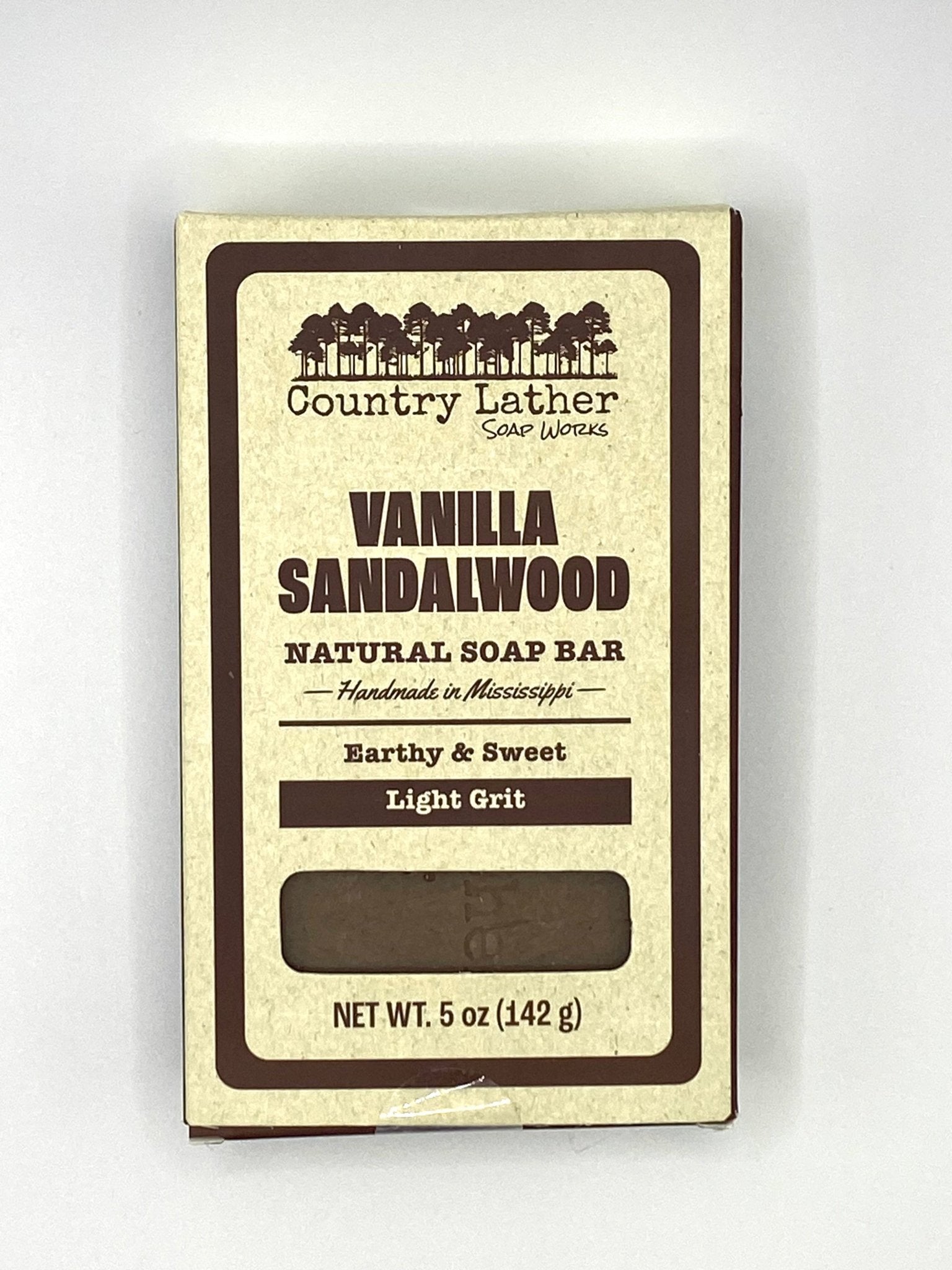 Country Lather Vanilla Sandalwood Soap Bar: Natural, Handmade in Mississippi, Earthy & Sweet Scent, Light Grit Exfoliation