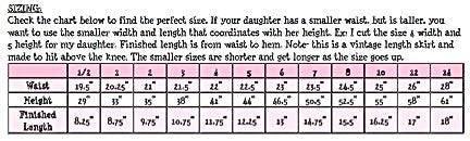 Skirt Sizing Chart: Waist, Height, and Finished Length Measurements for Girls' Apparel. Size 1/2 to 14.