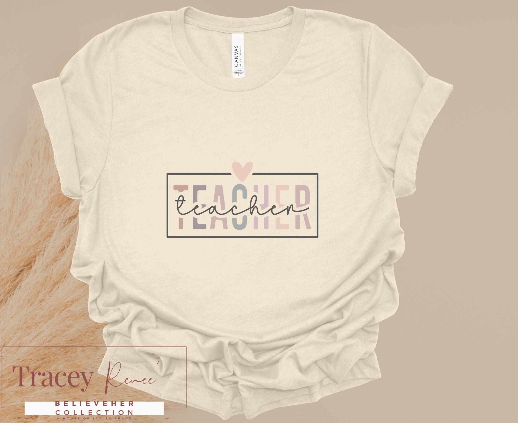 Teacher shirt with "teacher" design. Cream Bella Canvas Tee. Teacher appreciation, Spring collection.  
