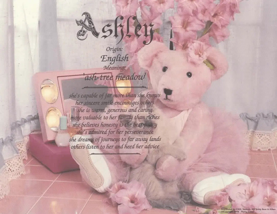 Ashley name meaning gift: English origin, ash-tree meadow. Teddy bear & personalized keepsake for girls named Ashley.
