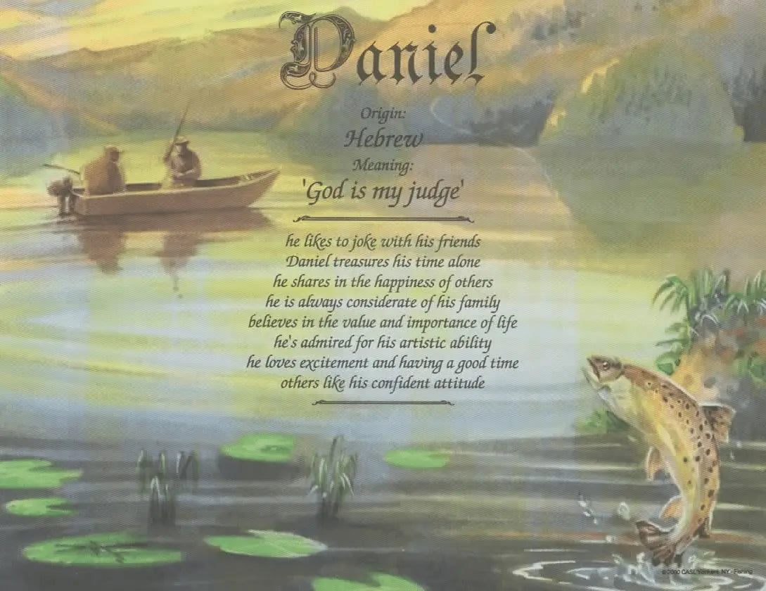 Daniel Name Meaning Art: Hebrew Origin, Personalized Gift, Fishing Theme. \'God is my judge\'.