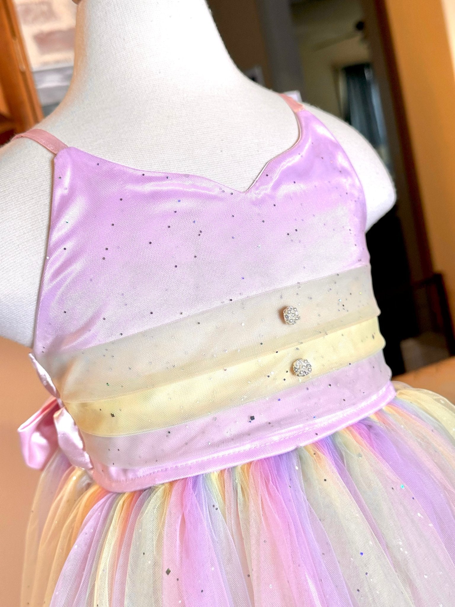 Rainbow Party Dress Size 5 | Satin Bodice, Tulle Skirt with Glitter Sparkles | Girls Occasion Dress Main Street Collective