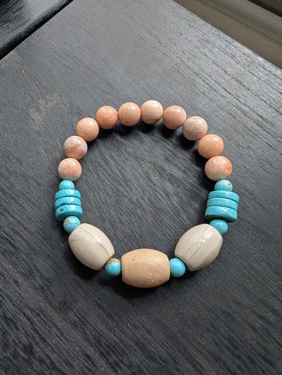 Boho Bracelet: African Wood, Turquoise, & Sunstone Gemstone Beaded Bracelet - Handmade Artisan Jewelry