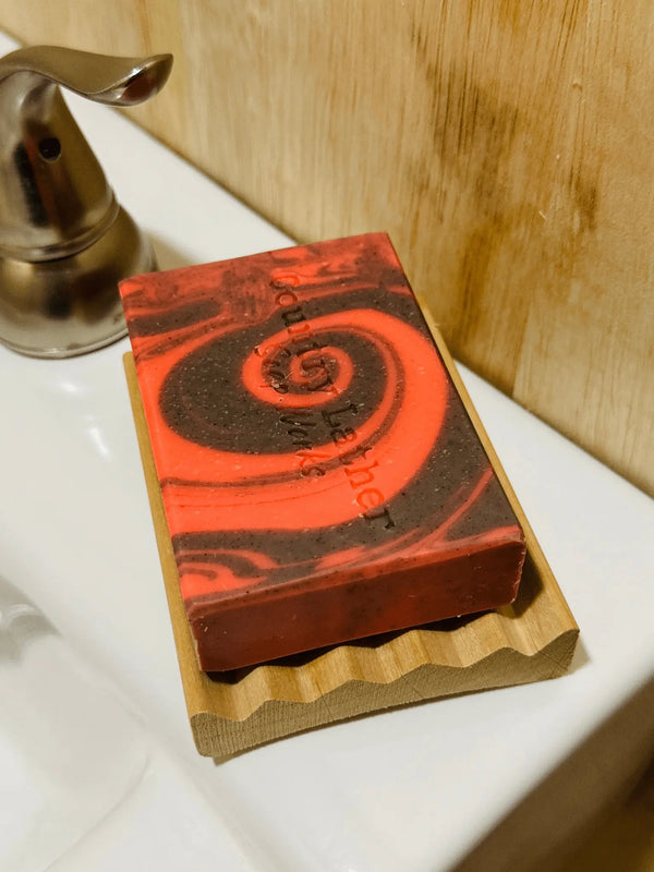 Handmade Soap on Alder Wood Soap Dish by Main Street Collective - Red Swirl Soap
