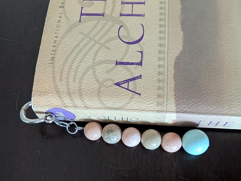 Feather Bookmark: Turquoise & Pink Opal Gemstone, The Alchemist Book. Handmade gift for book lovers. 