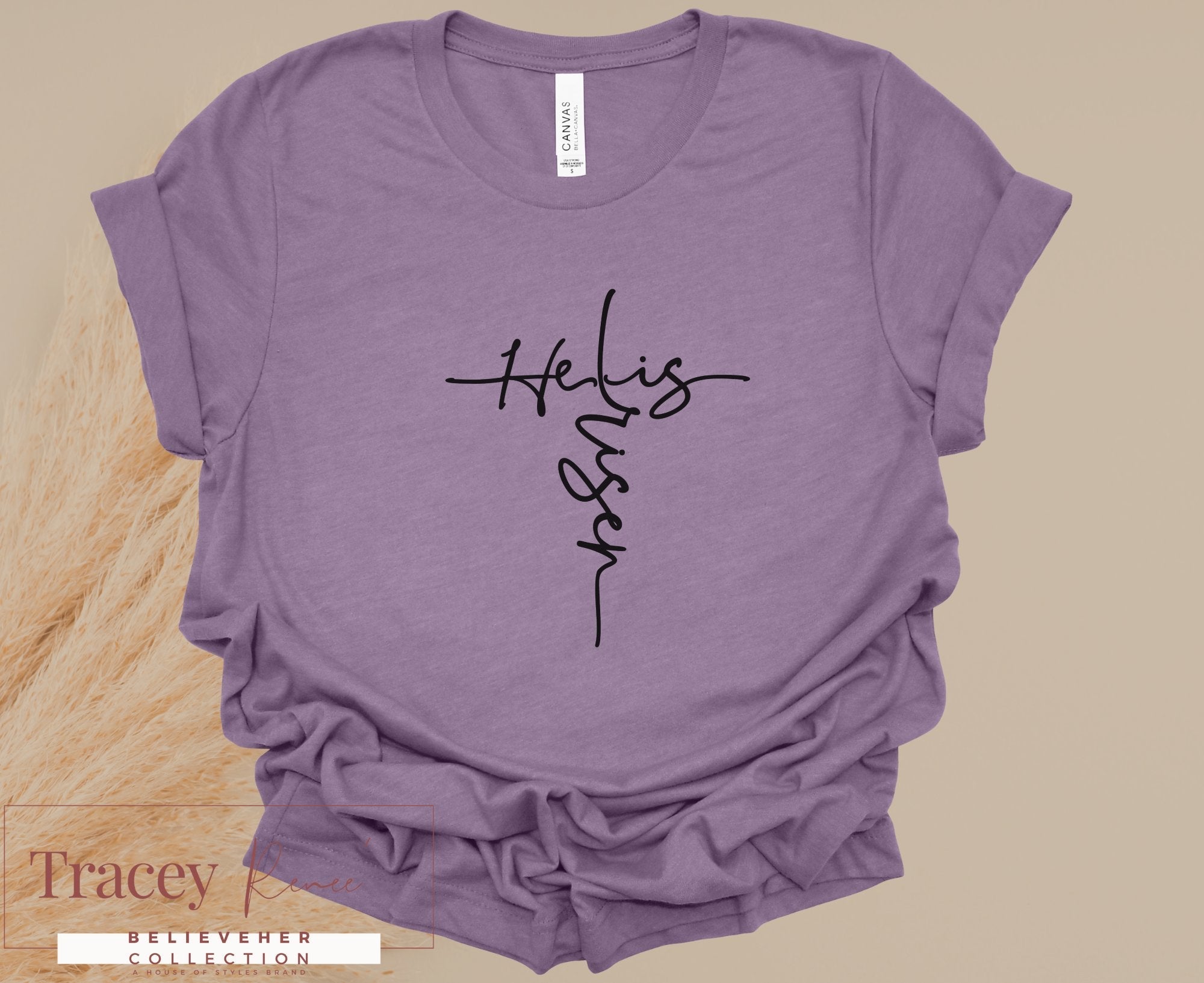 Purple "He Is Risen" Christian T-shirt for Women | Faith-Based Apparel