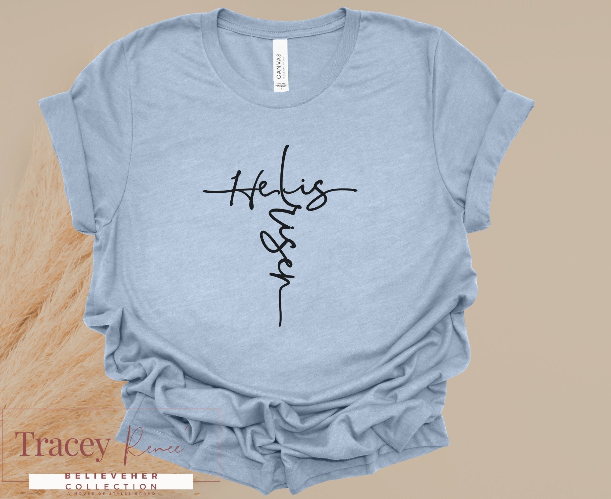 He is Risen T-shirt | Main Street Collective Christian Apparel Believerher Collection for Women of Faith, Light Blue Tee