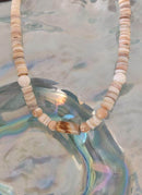 Aventurine barrel focal with shimmering Mother-of-Pearl beads – handmade coastal jewelry from Mississippi.