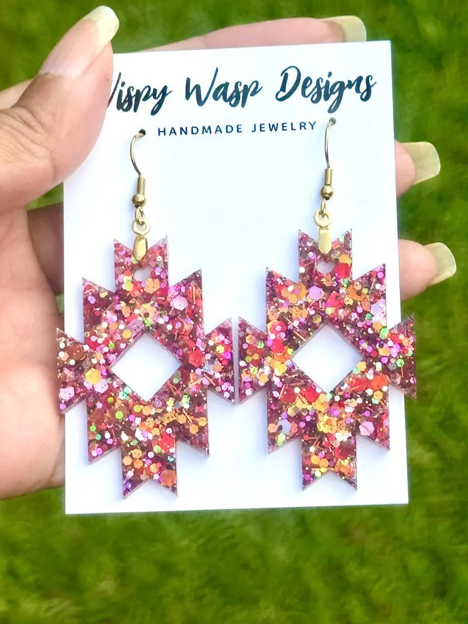Aztec Sparkle Earrings - Wispy Wasp Designs Handmade Geometric Pink & Gold Glitter Jewelry, Main Street Collective