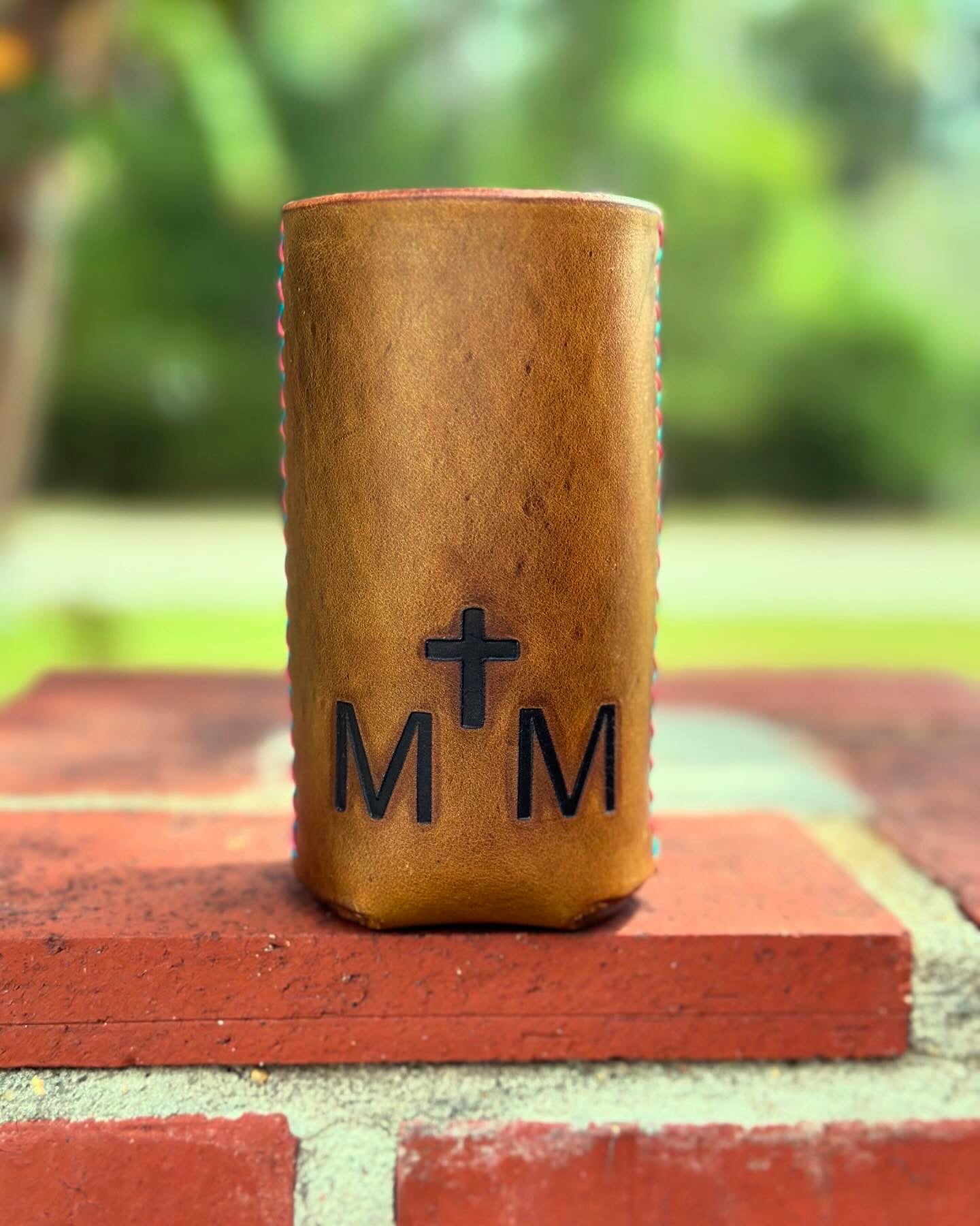 Personalized Leather Can Cooler - Branded with Initials and Cross by Main Street Collective