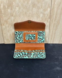 Turquoise Tooled Leather Female Wallet with Card Slots, ID Slot, and Magnetic Clasp - Western Style