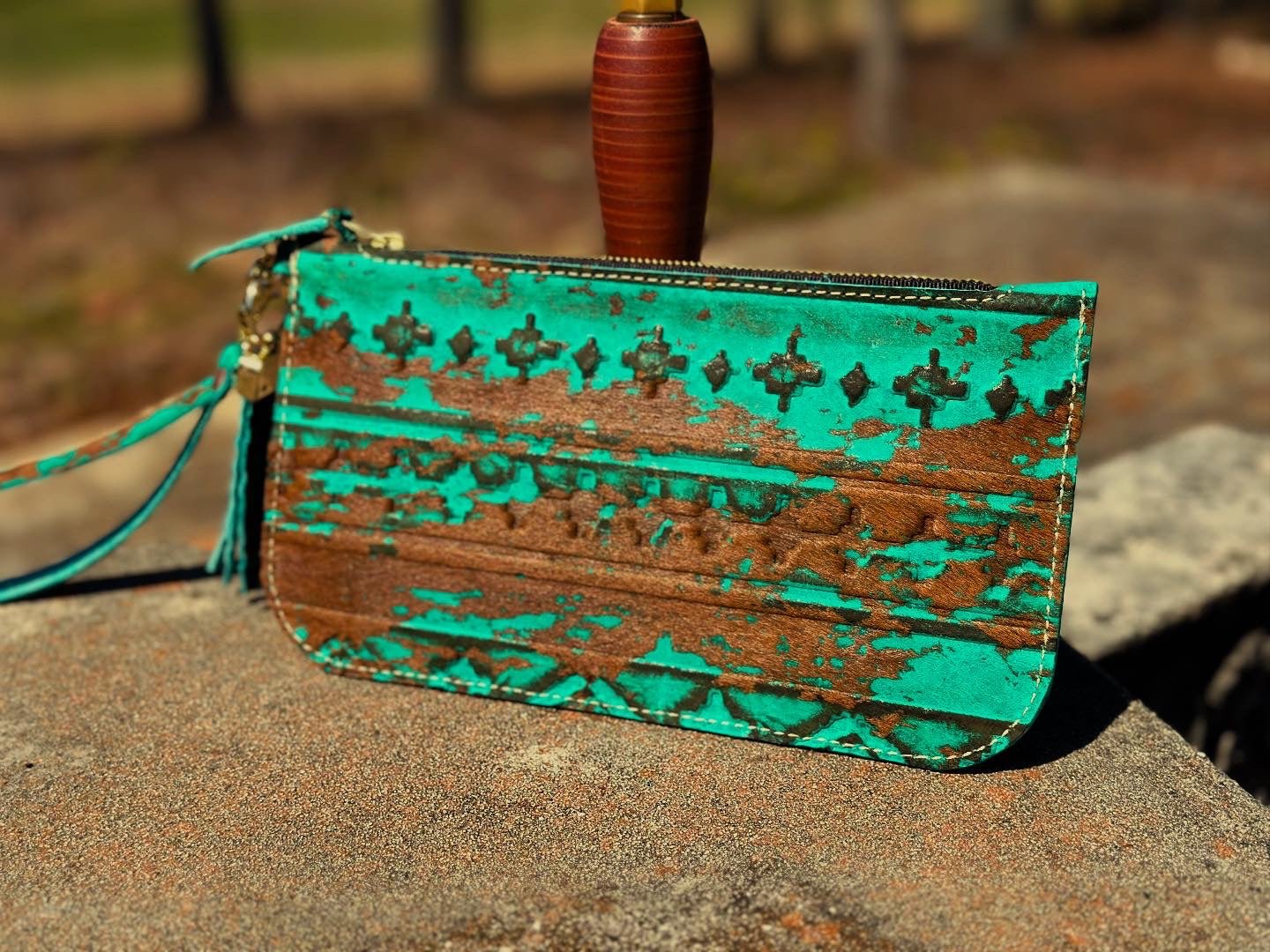Main Street Collective: Classic Leather Clutch - Turquoise & Brown, Handmade with Inside Pocket, Stylish Women's Accessory