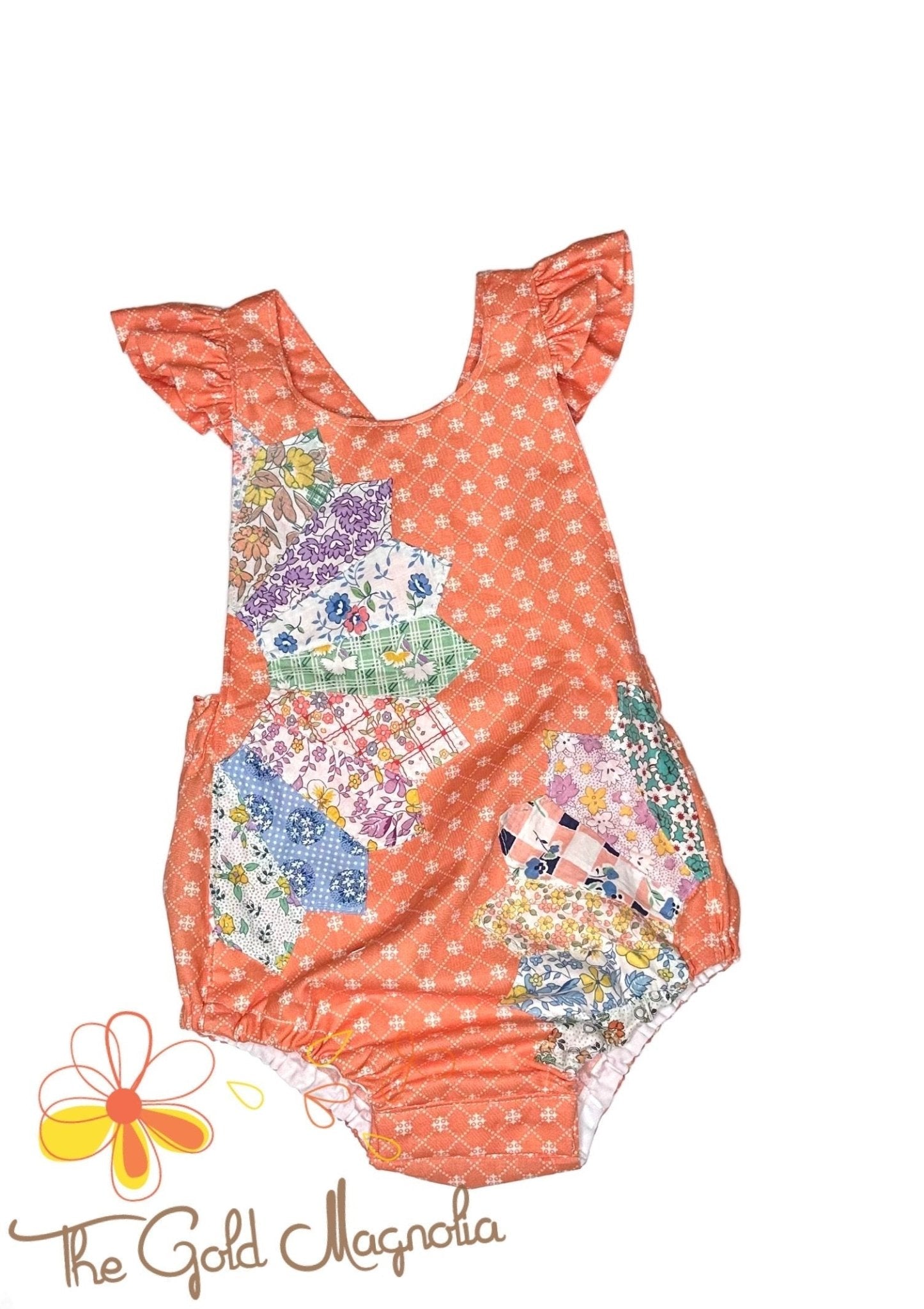 Summer Quilt Romper Size 2 for Girls - Unique Patchwork Design, Button Straps, and Snap Crotch - Ready to Ship