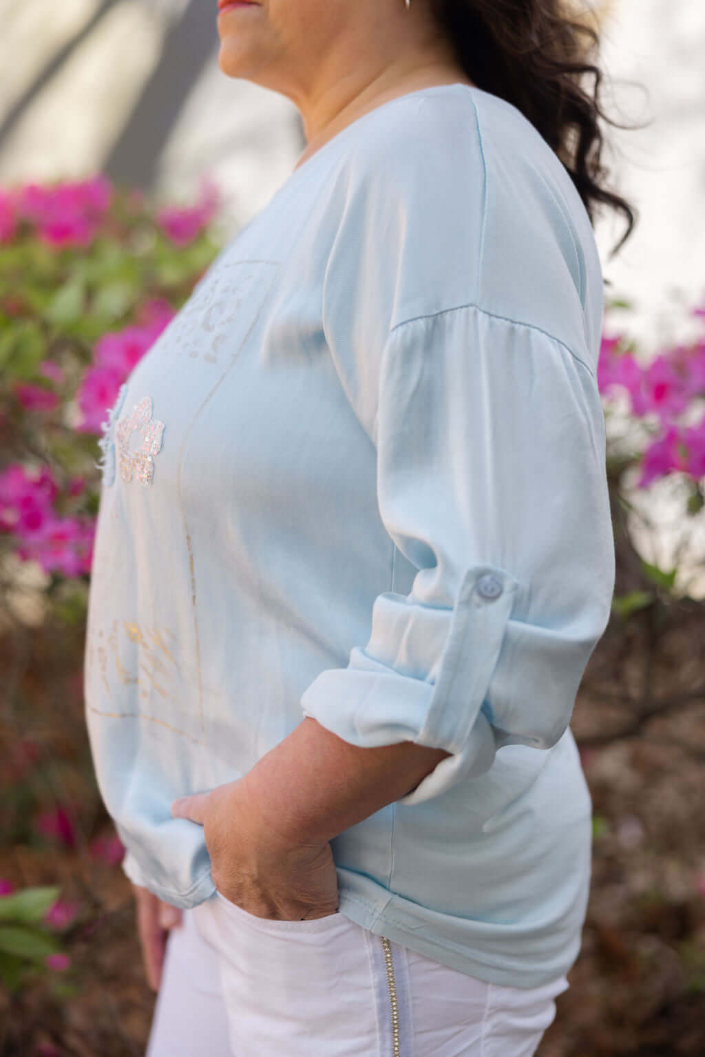 Italian Silk COCO Top: Light Blue Blouse with Gold Foil Detail - One Size Boutique Style