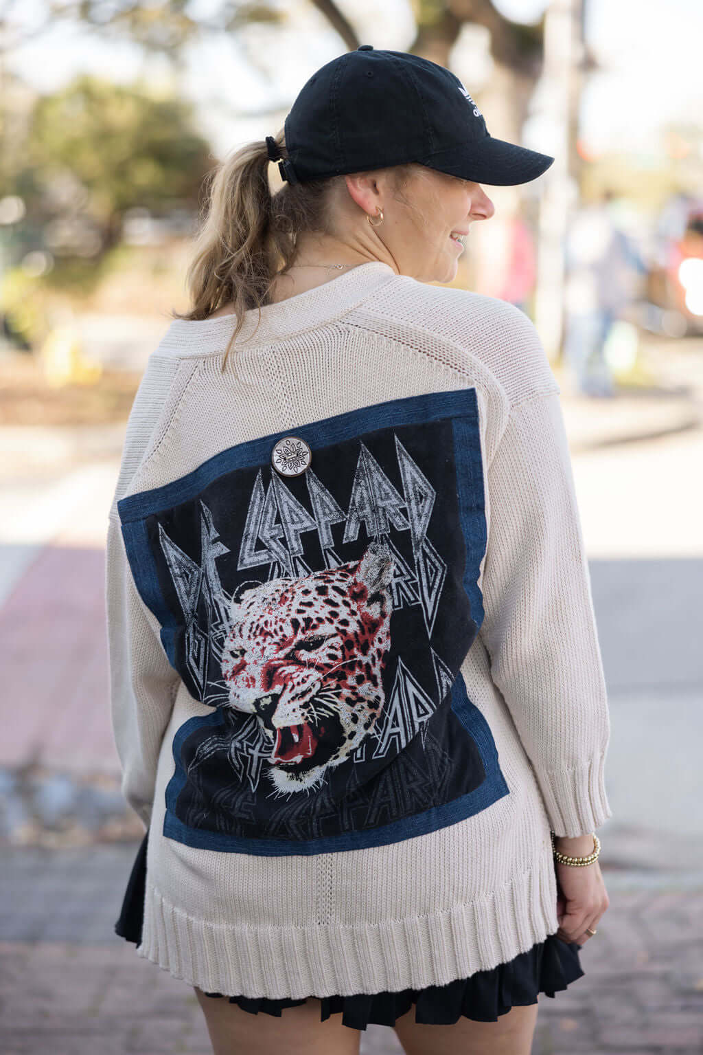 Back of Rockstar Cardigan – upcycled Def Leppard tee and vintage denim from Keep It Trendy.