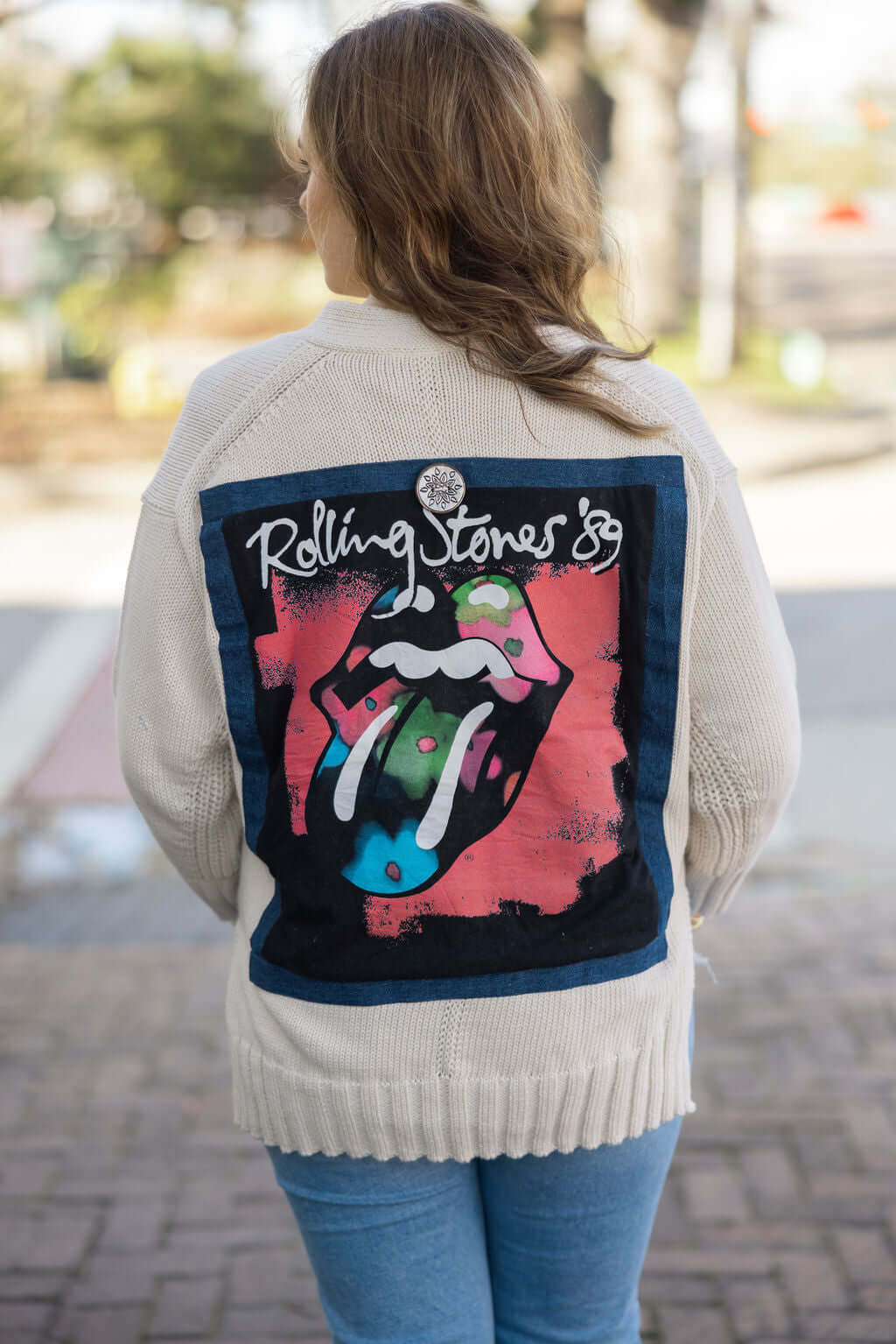 Rolling Stones Cardigan Upcycled Denim Patchwork Band Tee - Vintage Inspired Rocker Chic Fashion