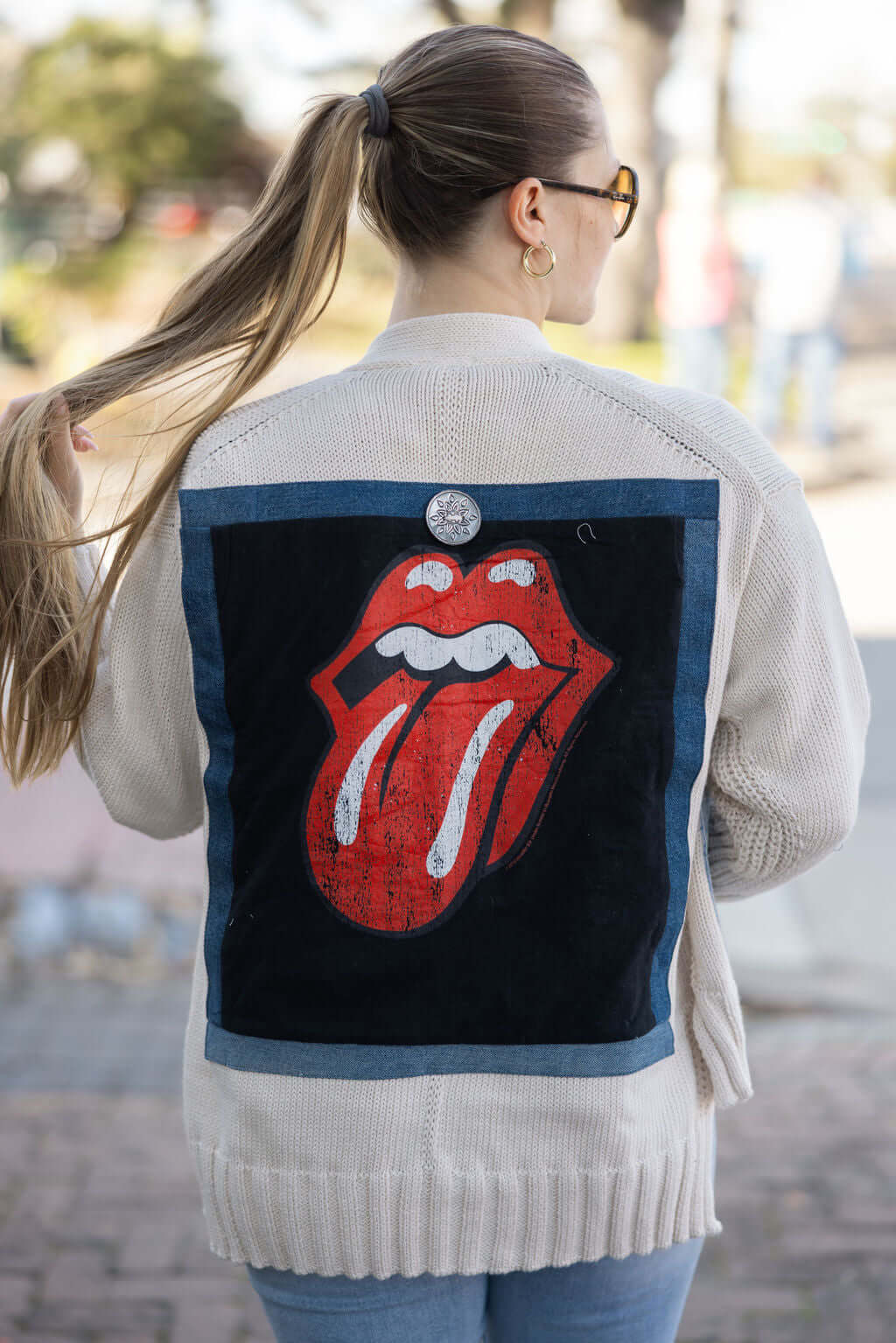 Rolling Stones Rockstar Cardigan, upcycled denim & band tee by Keep It Trendy. Unique boutique style!