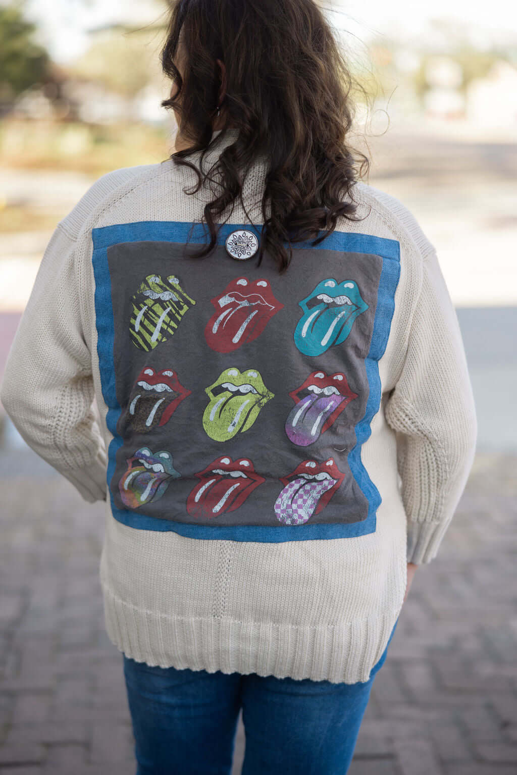 Back of Rockstar Cardigan with Rolling Stones tee – handmade boutique outerwear by Keep It Trendy.