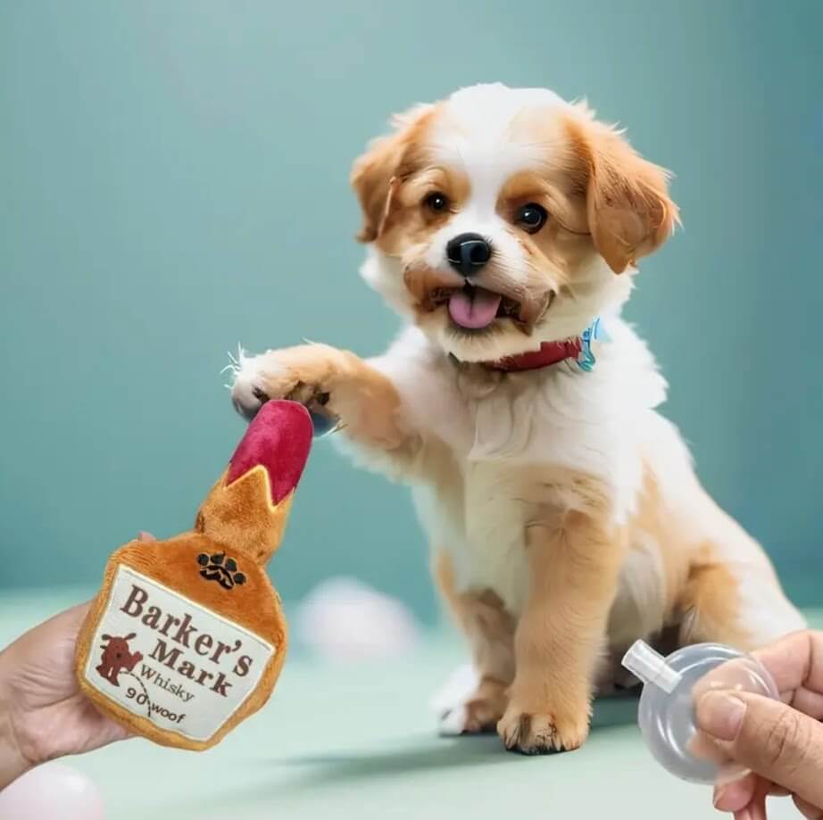Cute Puppy with Barker's Mark Whiskey Bottle Dog Toy - Squeaky & Fun! Main Street Collective L.L.C.