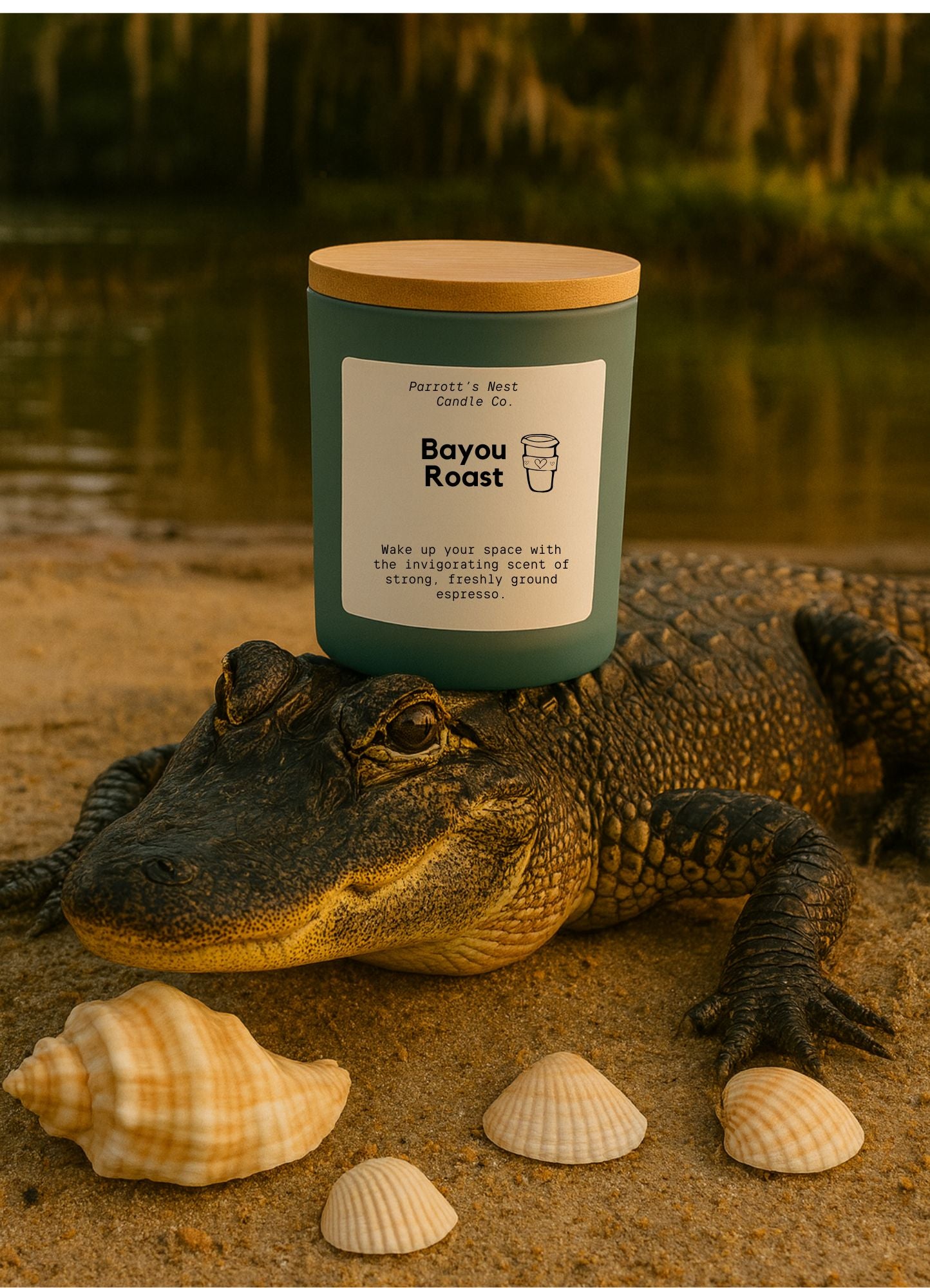 Bayou Roast Coffee Candle on Alligator | Parrott's Nest Candle Co. | Seashells