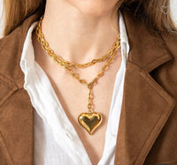 Big Puffy Heart Necklace worn layered with blazer jacket from Keep It Trendy