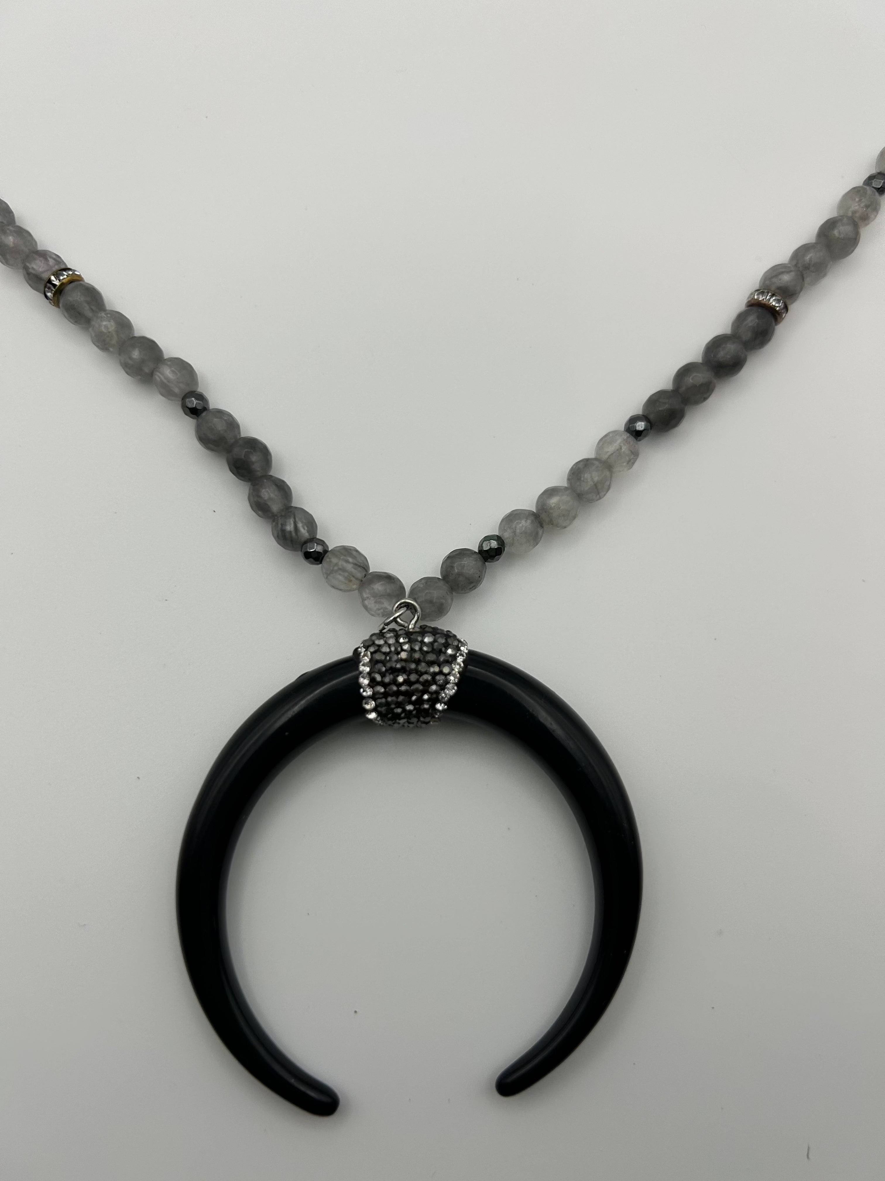 Black Half-Moon Pendant with Rhinestone Accents - Unique Statement Piece
