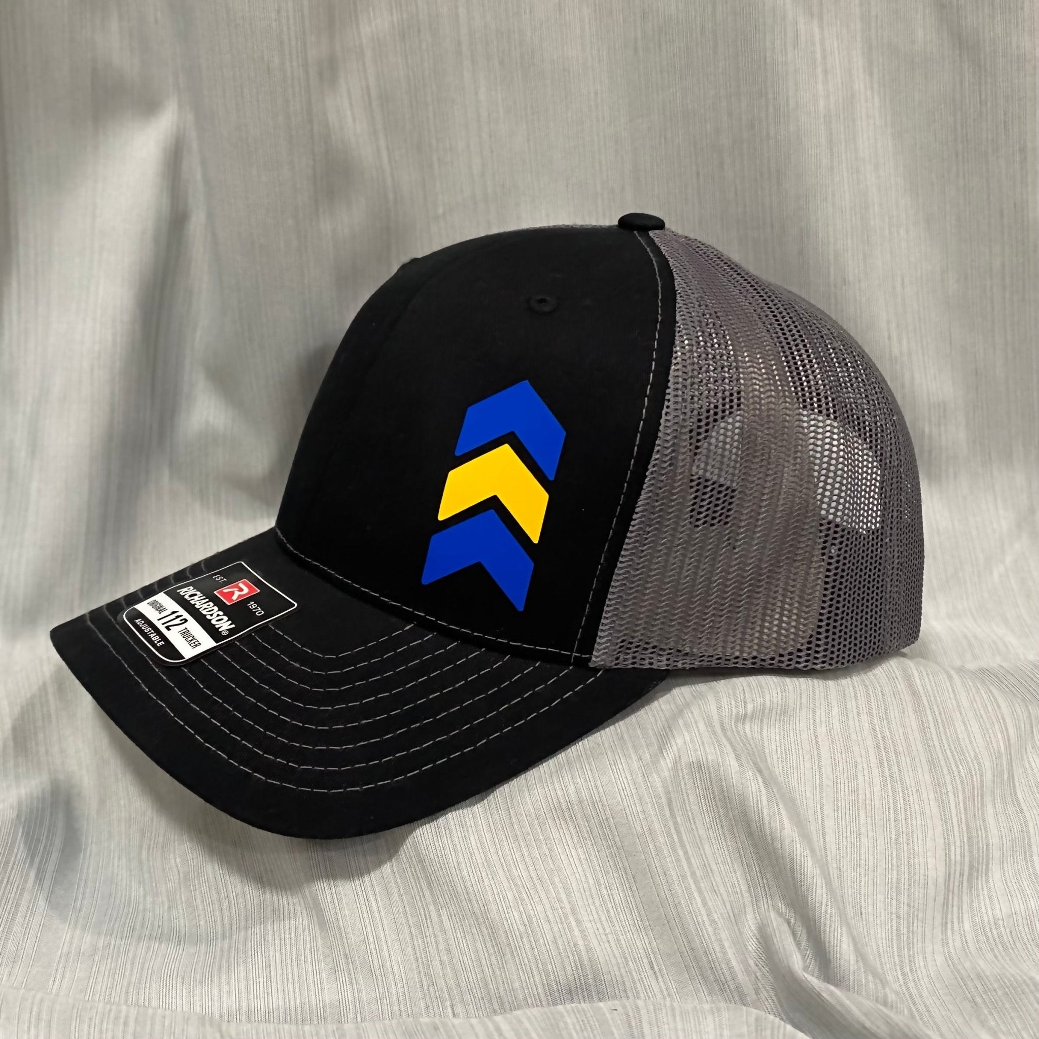 Down Syndrome Awareness Hat: Blue & Yellow Chevron Patch on Richardson 112 Trucker/326 Dad Hat - Support The Lucky Few