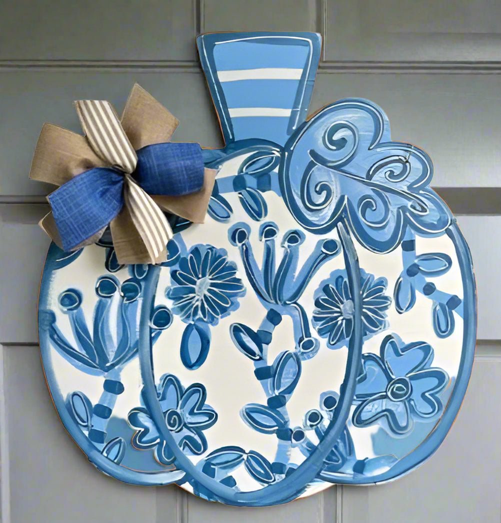 Blue & White Painted Pumpkin Fall Door Hanger w/ Ribbon Bows, DIY Decor