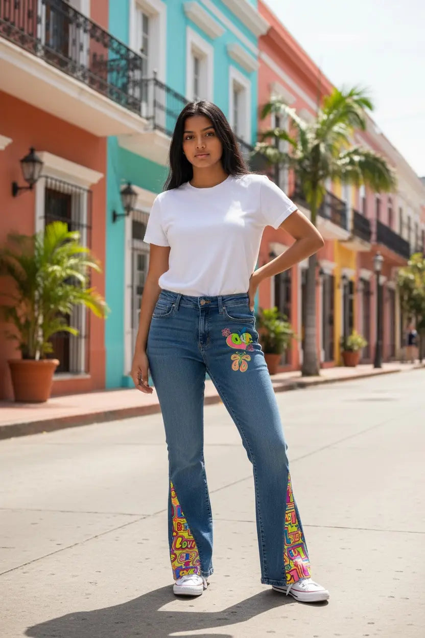 BOHO FLARE JEANS: Banana Republic upcycled, colorful design, Main Street Collective. Stylish statement piece in size 26/2.