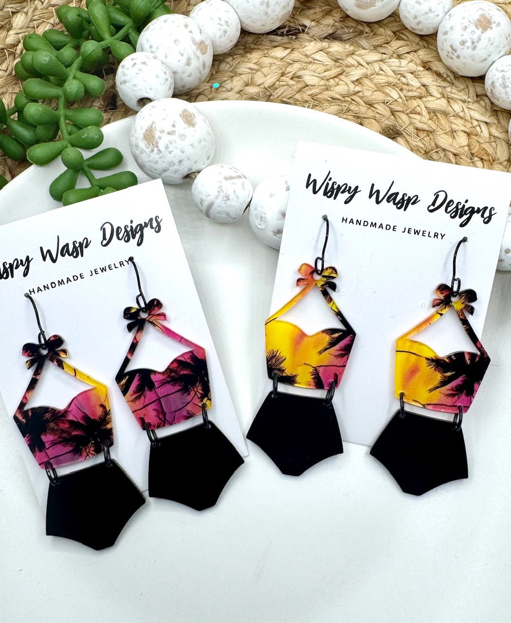 Swimsuit Earrings: Retro Palm Tree Acrylic Summer Jewelry, Handmade Statement Earrings