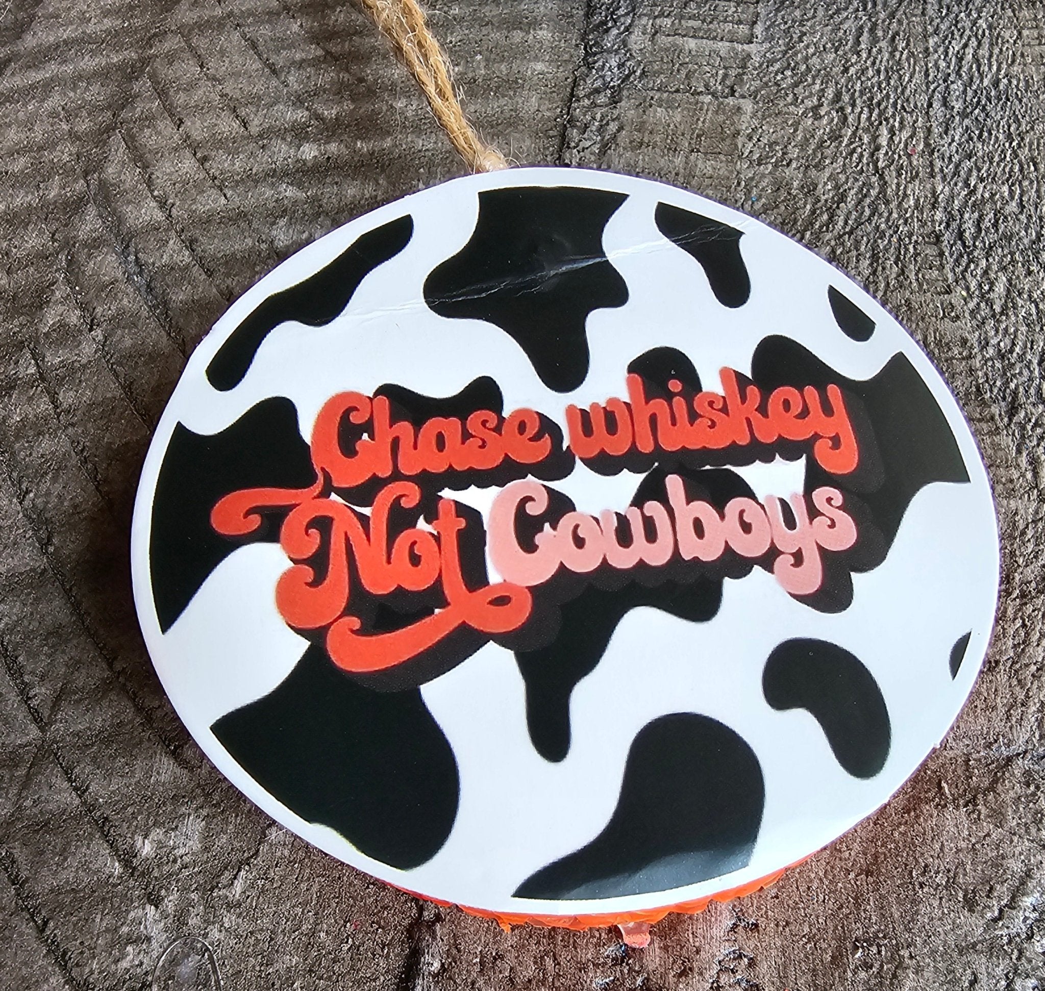Western Car Freshie: Handmade Cow Print Aroma Bead Air Freshener - Chase Whiskey Not Cowboys!