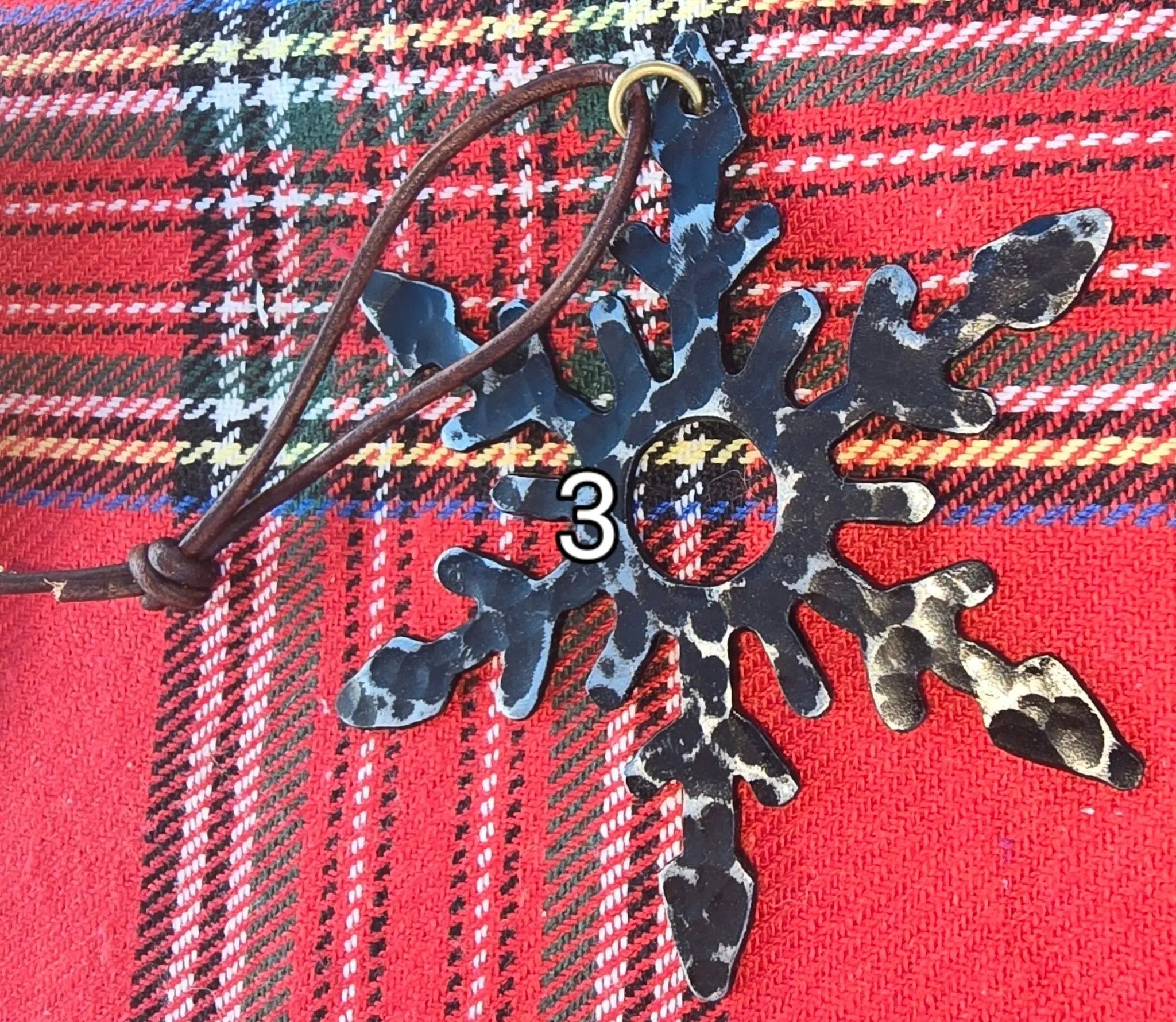 Metal Snowflake Christmas Ornament - Plaid Background, Main Street Collective Handmade Holiday Decor