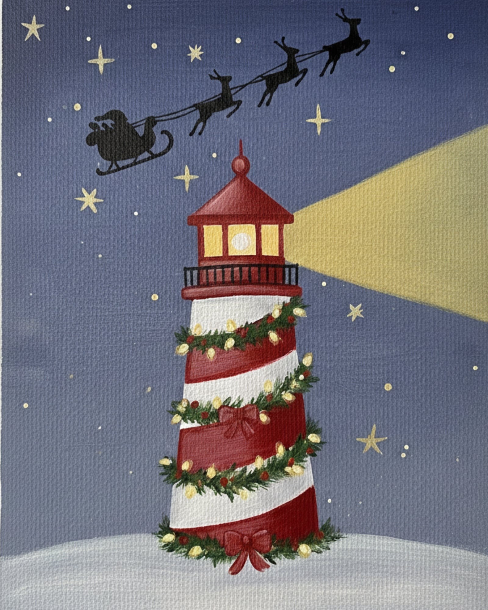 Coastal Christmas lighthouse painting by Main Street Collective: Santa, reindeer, festive art.