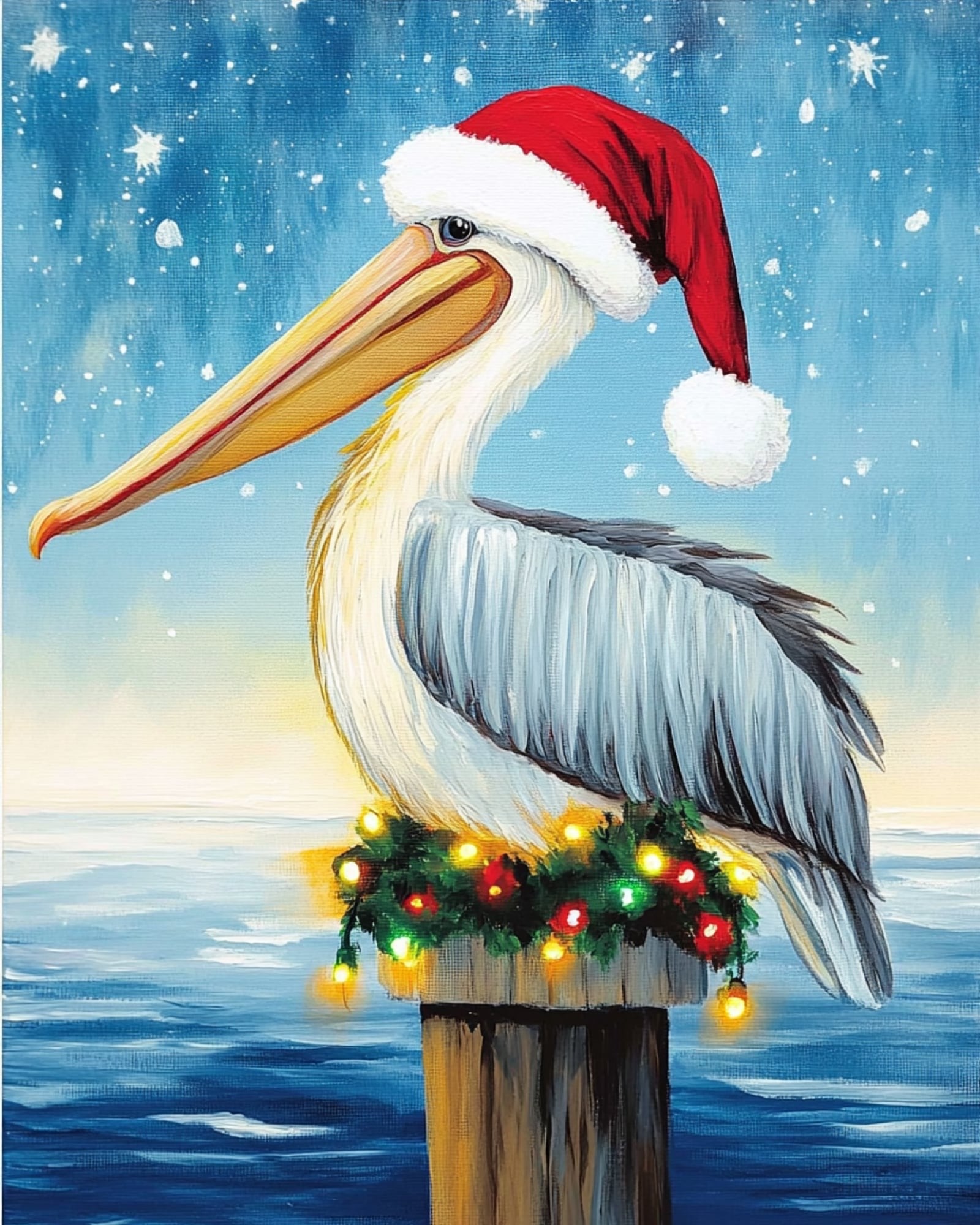Coastal Christmas Paint Night: Pelican in Santa Hat Art | Biloxi Event