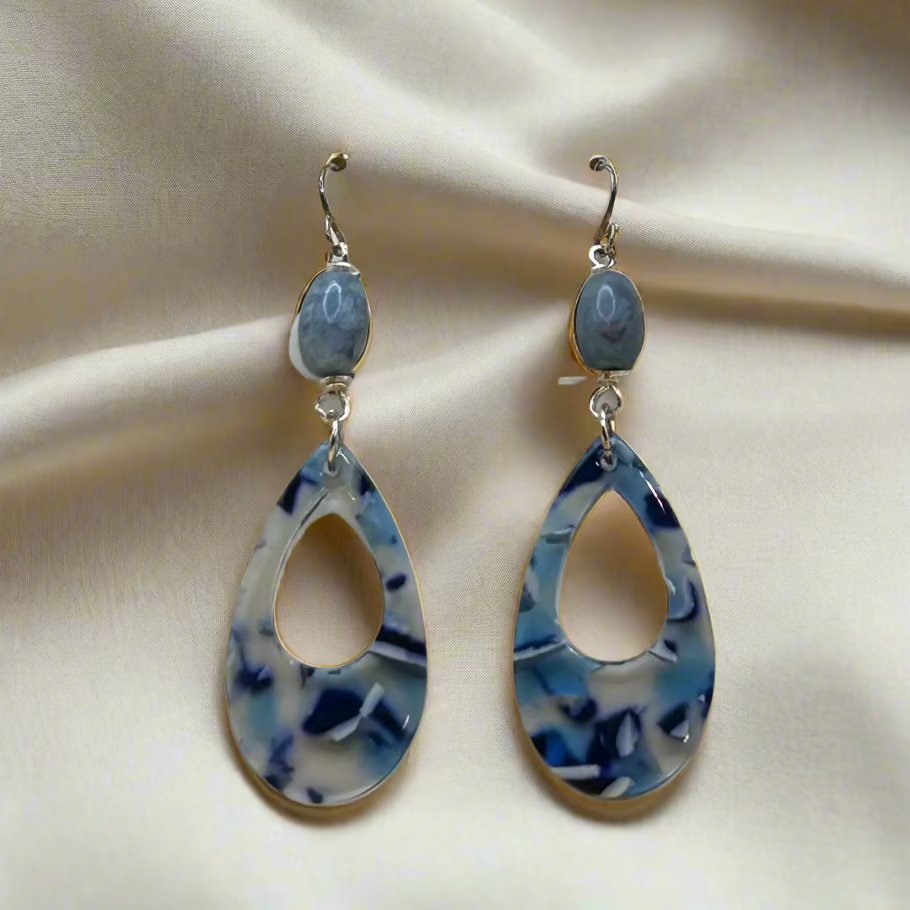Clear blue acetate earrings with slate blue barrel beads handmade by Soulful Designs