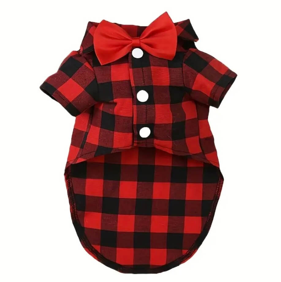 Buffalo Plaid Dog Shirt with Bow Tie | Red & Black Checkered Pet Apparel