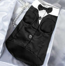 Close-up of formal dog tuxedo and bow tie curated by Coastal Couture Pet Boutique

