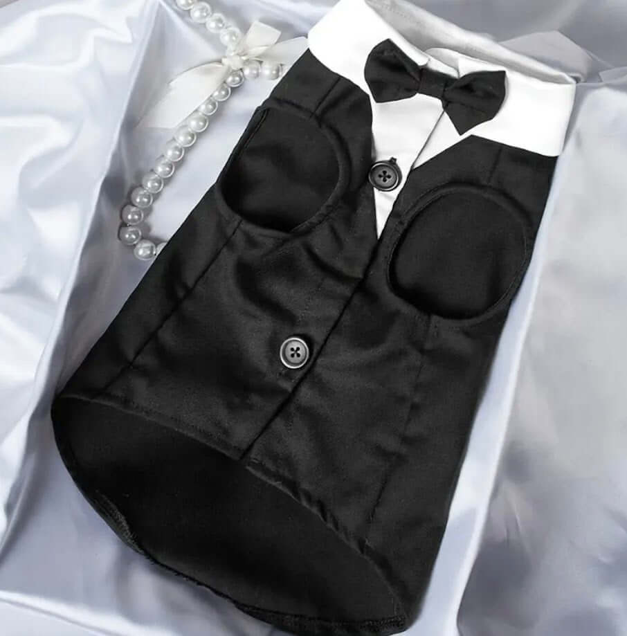 Close-up of formal dog tuxedo and bow tie curated by Coastal Couture Pet Boutique


