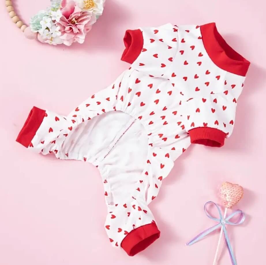 Heart Dog Pajamas: Valentine's Day Onesie for Small Dogs | Cute Red & White Pet Outfit