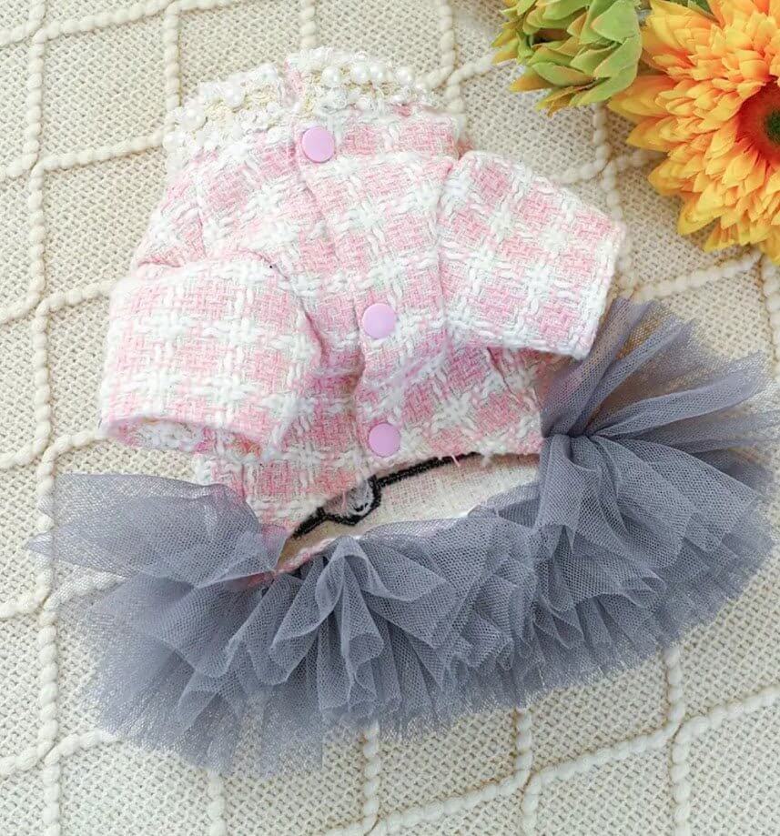Pink Tweed Dog Dress with Tutu & Pearls | Luxury Pet Clothing | Parisian Chic | Coastal Couture