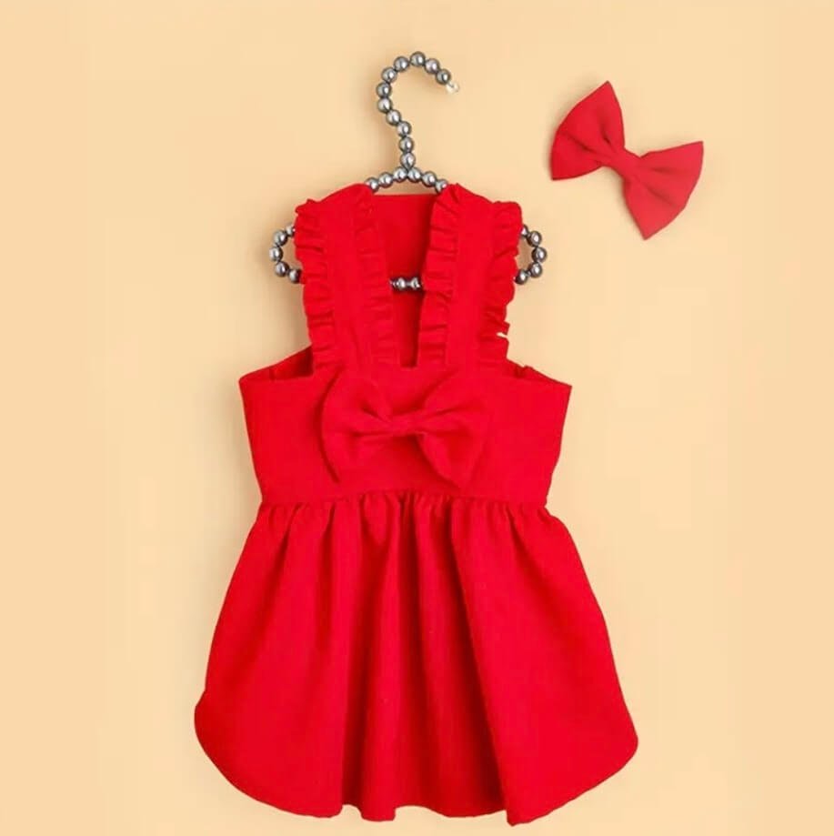 Red Corduroy Dog Dress with Bow - Coastal Couture Pet Boutique - Cute Dog Clothes