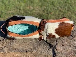 Cowhide Dop Bag: Brown and White Leather Toiletry/Makeup Bag by Main Street Collective