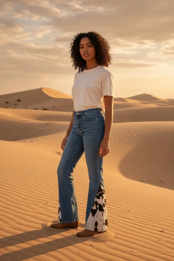 Cow Print Flare Jeans - Size 12 - Main Street Collective - Desert Style Women's Jeans