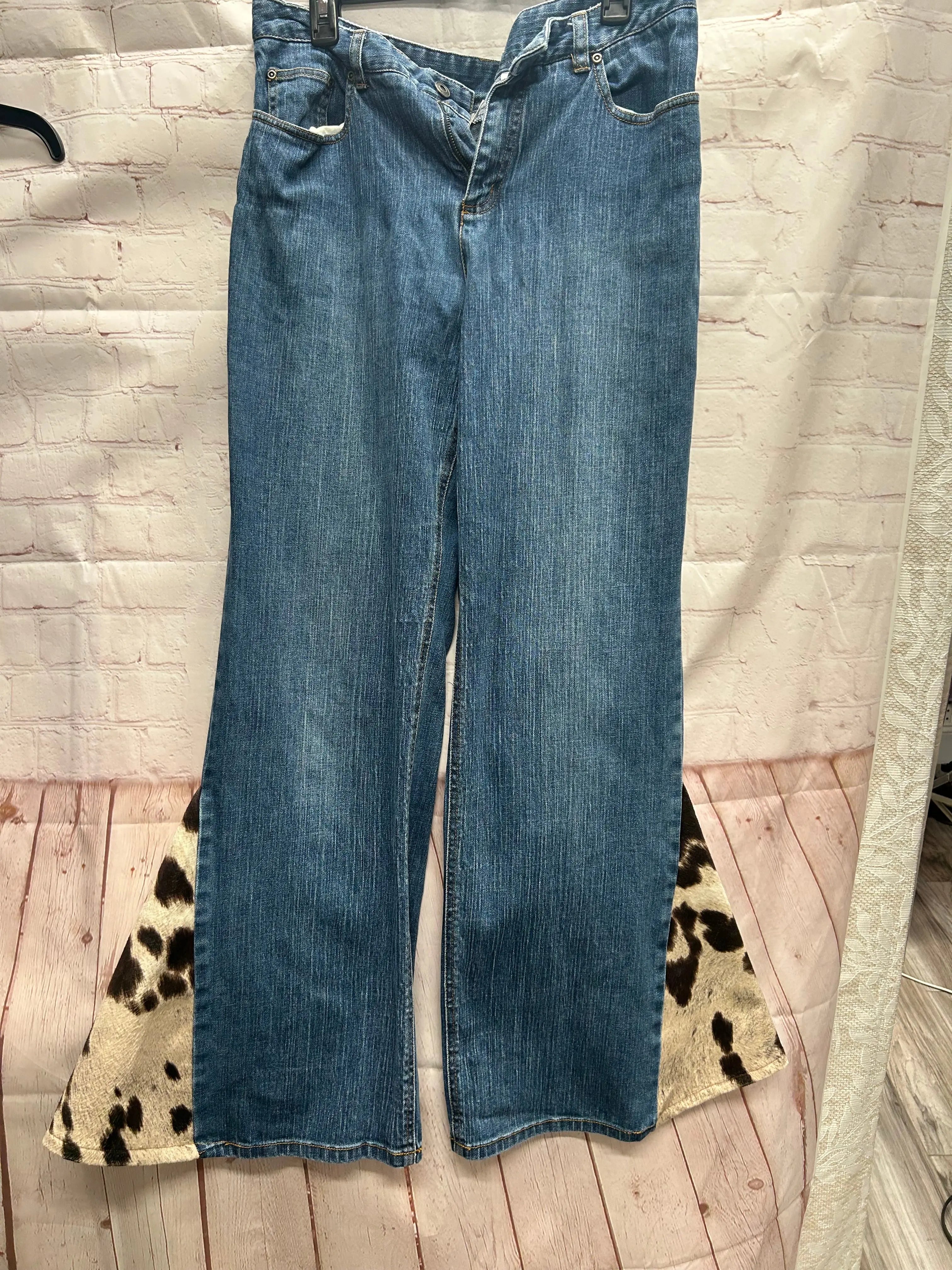 Cow Print Flares Jeans Size 12 Main Street Collective, One of a Kind Denim