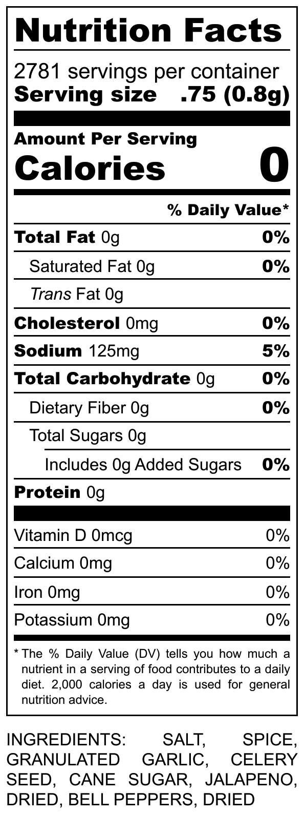 Nutrition Facts: Crawfish Boil Seasoning - Calories 0, Sodium 125mg, Total Fat 0g, Carbs 0g, Protein 0g.